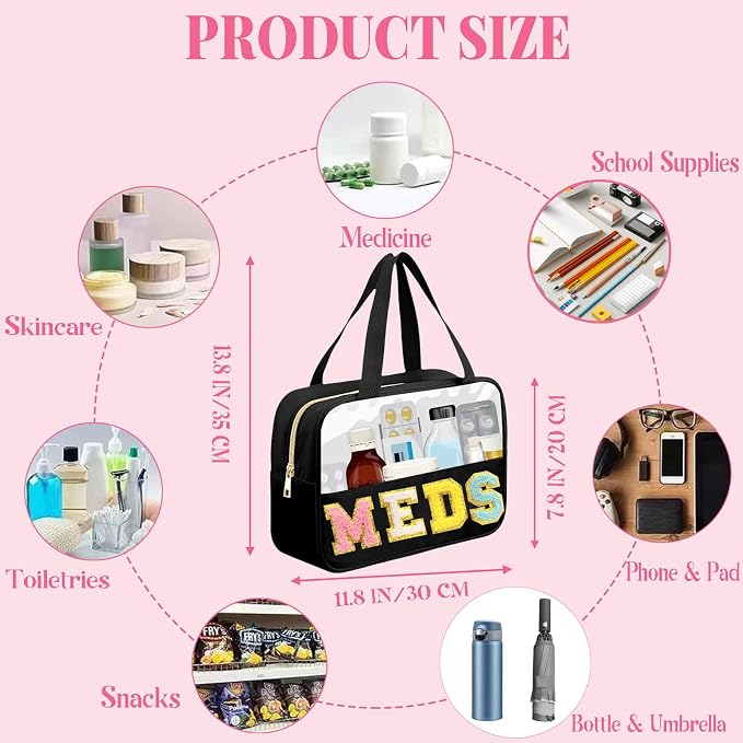 Chenille Letter MEDS Bag Clear Medical Medicine bag for Traveling Preppy Emergency Patch Bag with Handle and Zipper Waterproof Nylon Portable Makeup Bag for Women