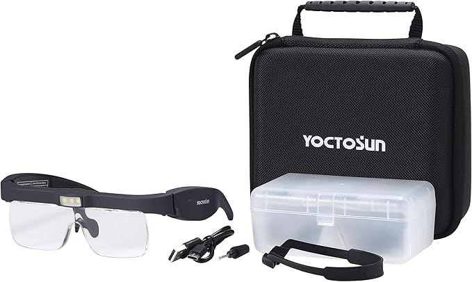 YOCTOSUN Magnifying Headset with 3 LED Lights, Storage Case, Head Strap and 5 Detachable Lenses 0.75X,1.25X,2.0X,3.0X 4.0X, Magnifying Glasses for Close Work, Jewelry, Hobby