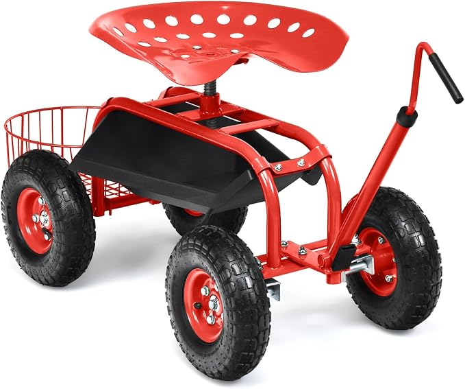 Rolling Garden Seat, Garden Stool with Wheels, Extendable Handle, Storage Basket & Tool Tray, Garden Scooter with 360 Degree Swivel Seat for Outdoor, Garden & Yard (Red)