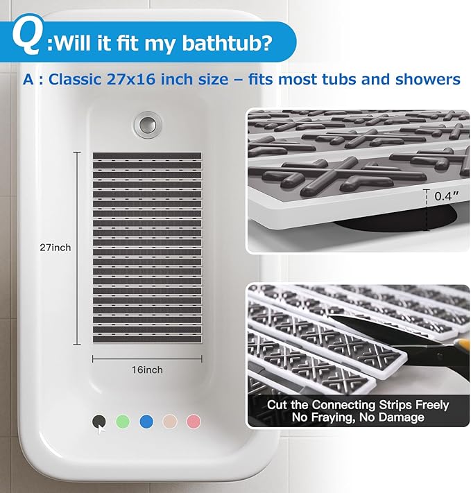 Non Slip Rubber Bathtub & Shower Mat - Fast Drain & Upright Drying Design, Strong Suction Cups, Structured Textured Surface, Low-Maintenance Bathroom Safety Mat, 27 x 16 Inch, Dark Gray, Matace