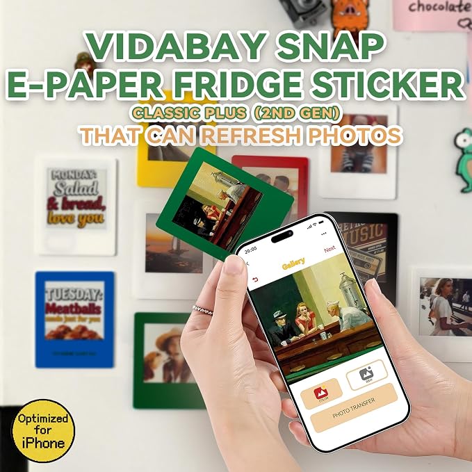 E-Paper Fridge Magnet Classic Plus, E-Ink Battery-Free Instant Photo Style Display, Wireless NFC Picture Frame, Phone-Controlled Acrylic Memo Board for Party/Travel/Home & Gifts, Compatible iPhone 13 and Newer (Green)