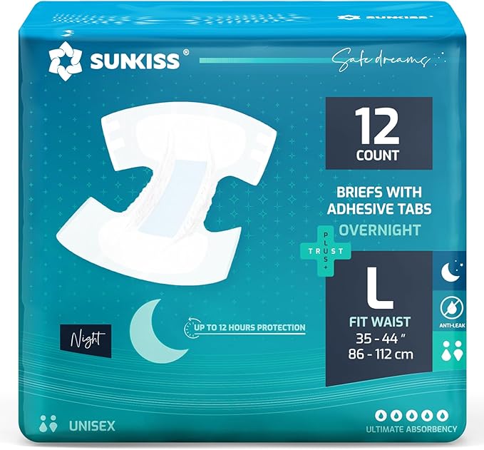 SUNKISS TrustPlus Overnight Adult Diapers with Tabs, Unisex Disposable Incontinence Briefs for Men and Women, Odor Control, Large, 12 Count