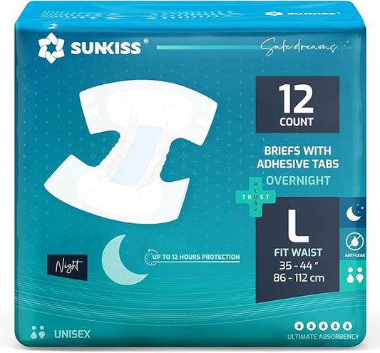 SUNKISS TrustPlus Overnight Adult Diapers with Tabs, Unisex Disposable Incontinence Briefs for Men and Women, Odor Control, Large, 12 Count
