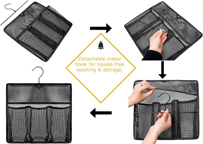 ALYER Mesh Shower Organizer,Shower Caddy with Rotating Detachable Metal Hanger, Quick Dry Bathroom Storage for Toiletry Accessories, Portable Shower Bag for RV,Dorm,Gym and Travel (Black)