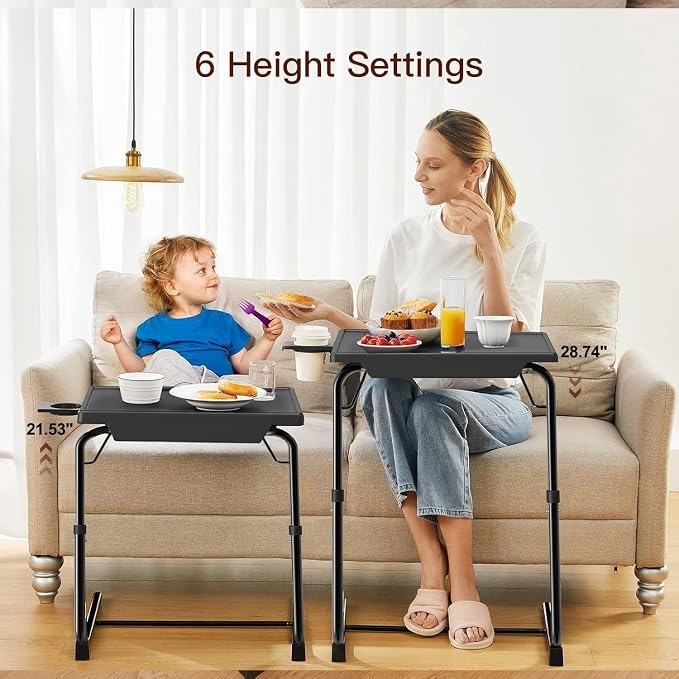 HUANUO Adjustable TV Tray Table - Foldable TV Tray with 6 Height & 3 Tilt Angle Adjustments, TV Dinner Tray with Cup Holder for Couch, Bed, Sofa and Chair (Black)