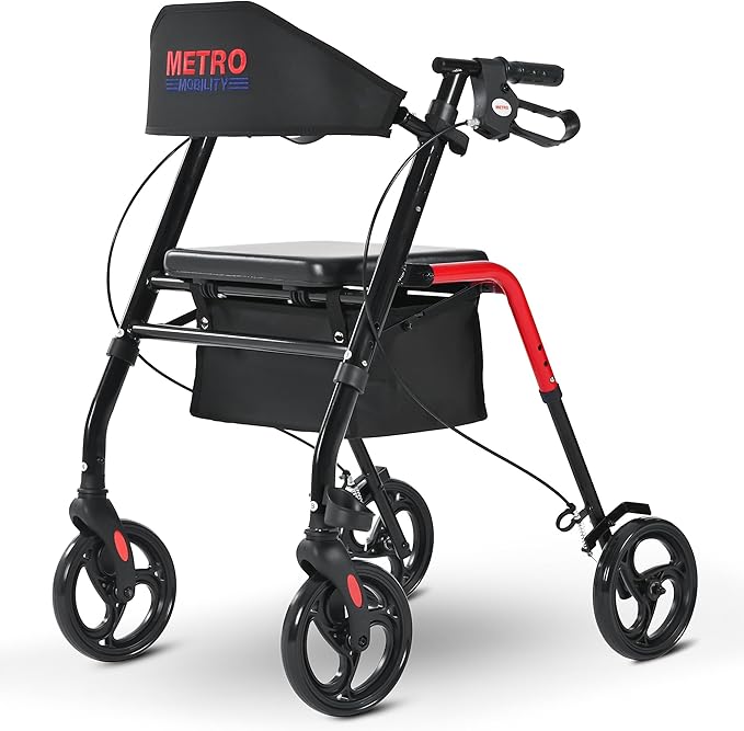 Metro Mobility Rollator Walker with Seat for Seniors, Foldable Lightweight Rolling Walker, 8" Big Wheels for All Terrain, 300 lb. Weight Capacity, Red
