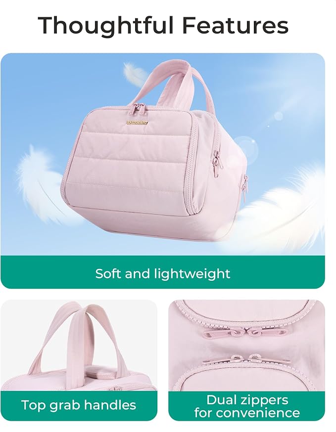 BAGSMART Travel Toiletry Bag, Crush Toiletry Bag for Women, Wide-open Puffy Toiletry Bags for Traveling, Large Travel Cosmetic Makeup Bag Organizer for Accessories,Toiletrie, Pink