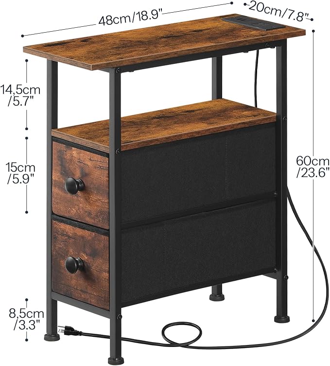 HOOBRO End Table with Charging Station, Narrow Side Table with 2 Fabric Drawers, Skinny Nightstand with Storage, Slim Bedside Table for Living Room, Small Spaces, Rustic Brown and Black BF487UBZ01