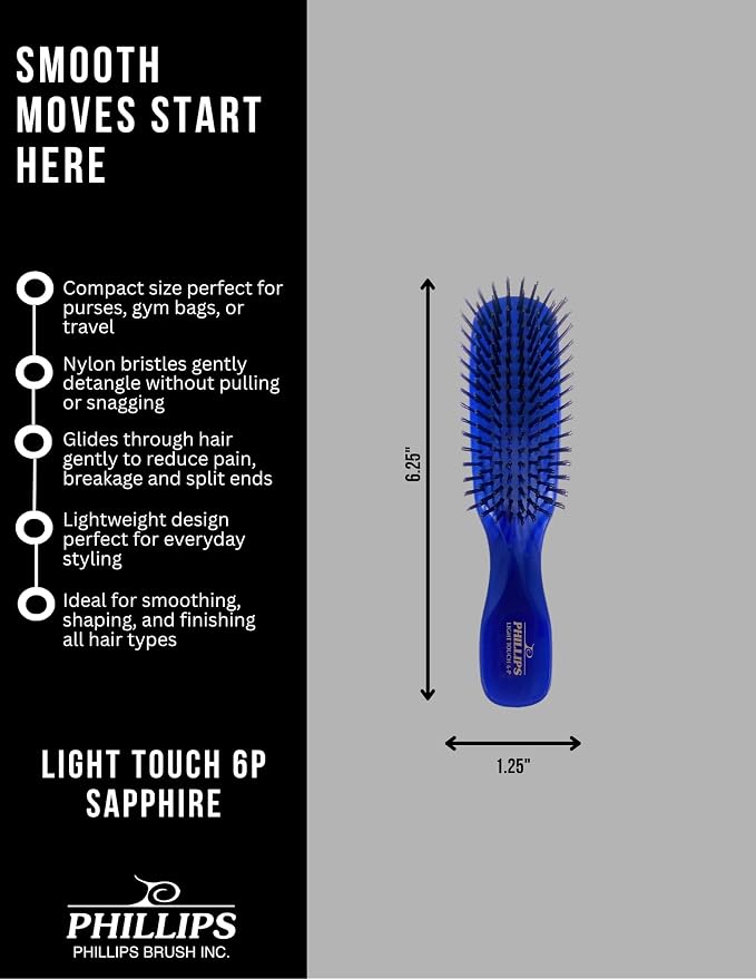 Phillips Brush Light Touch 6 Detangling Hair Brush, Petite Sapphire Blue | Flexible Nylon Bristles, Gentle Detangling & Smoothing for All Hair Types, 6.25 Inch Travel Hairbrush