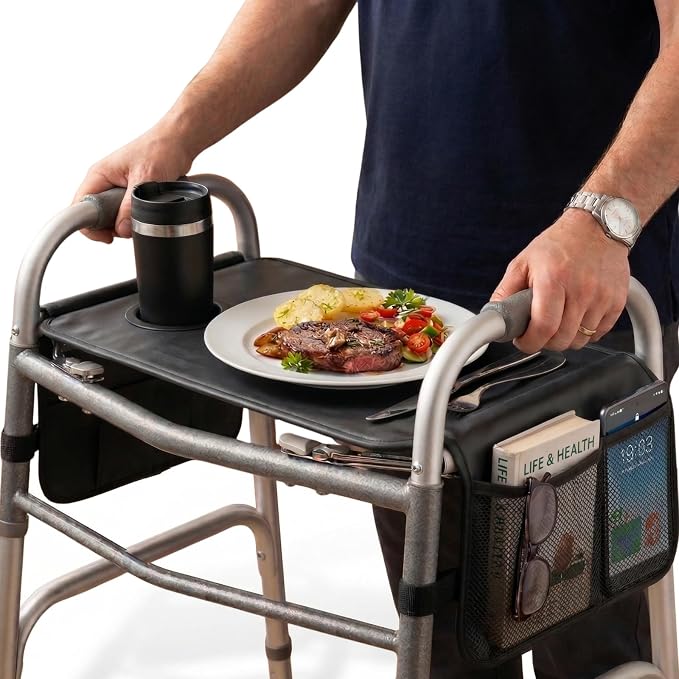 Vive Walker Tray for Folding Walker w/Cup Holder & Pockets - Removable | Adult Mobility Accessories - Fits Standard Walkers - Medical Table for Seniors Non Slip Mat for Food - Easy Assembly
