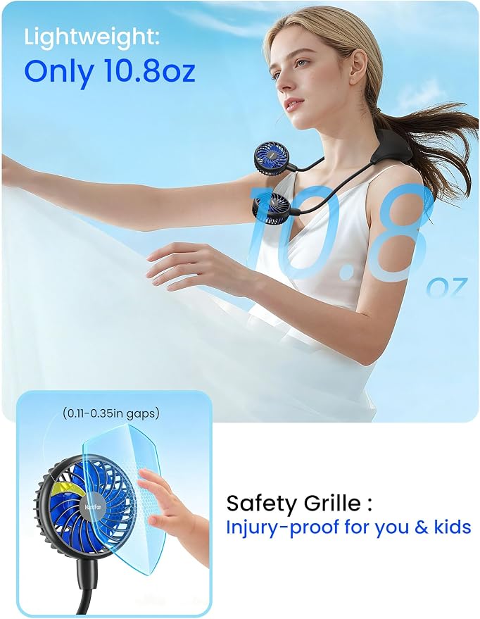 HandFan 10000mAh Neck Fan, 360° Rotation Hands Free Portable Fans for your Neck, 48h Lasting Rechargeable Battery Operated Wearable Necklace Personal Cool Fans for Travel/Disney/Sports/Cycling/Hiking