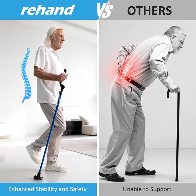 REHAND Adjustable Walking Cane for Seniors Adults - Ergonomic Anti-Slip Grip, 10 Height Settings (40"-49"), 350lbs Weight Capacity, Self-Standing Foldable Cane with Enhanced Anti Slip Base