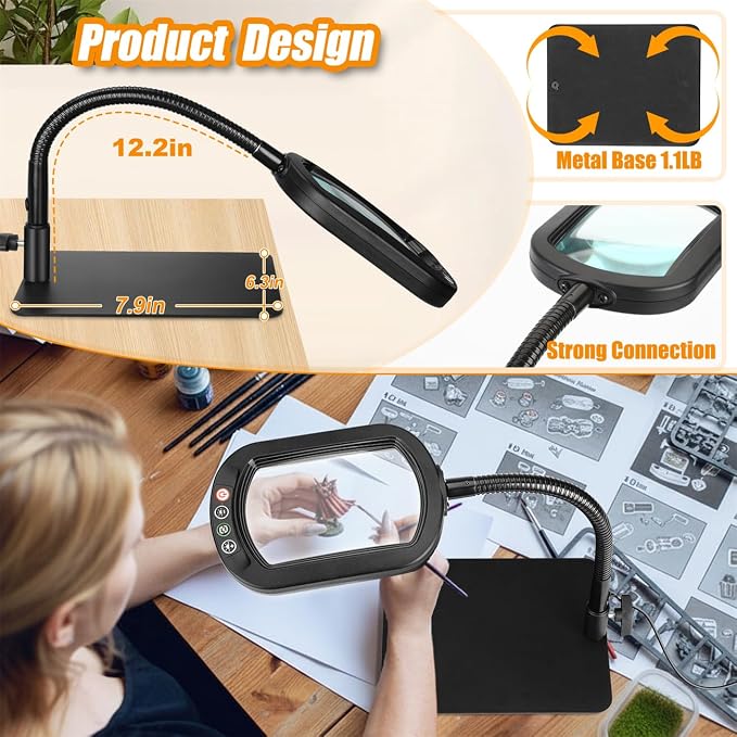 Veemagni 13X Rectangle Magnifying Glass with Light and Stand, Flexible Gooseneck LED Lighted Desk Lamp, 5 Color Modes Stepless Dimmable, Hands Free Magnifier for Reading Crafts Painting Close Work