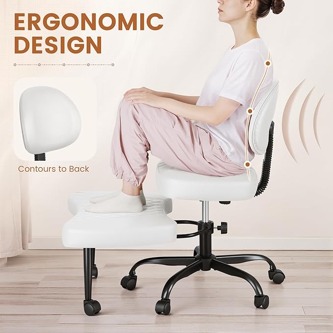 Ergonomic Cross Legged Office Chair with Wheels - Adjustable Height Kneeling Meditation Chairs for ADHD, Yoga & Desk Work - Wide Criss Cross Seat with Lumbar Support, White