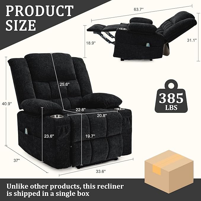 Korser Recliner Chair for Adults, Wall Hugger RV Recliner with Massage and Heating, Zero-Gravity Recliners, Electric Power Recliner Chair for Living Room, Bedroom, Home, Theater Seating (Black)