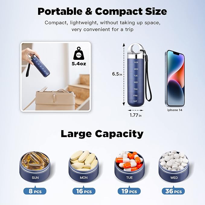 Zannaki Metal Travel Pill Organizer, Portable Waterproof Weekly Pill Box, Large Aluminum Alloy Pill Case Container, BPA Free 7 Day Daily Medicine Organizer Holder for Vitamin, Fish Oil, Supplement