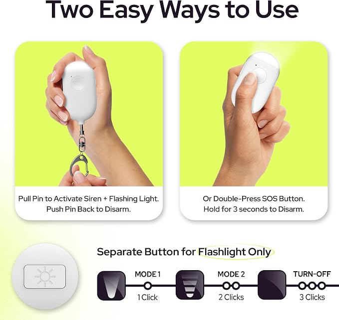 Weten Rechargeable Personal Alarm Keychain - 130dB Siren & LED Light - 2 Pack Personal Safety Alert for Women to Carry - Panic Button Alarm for Security - Rape Whistle for Self Defense (Black&White)
