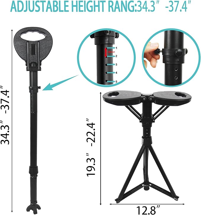 Upgraded Portable Walking Sticks with Seat,Adjustable Height 34"-37" Cane with Stool,Cane Seat，2-in-1 Foldable Walking Sticks,Lightweight Tripod Crutches Stool Capacity 550lbs for Men Women Elderly