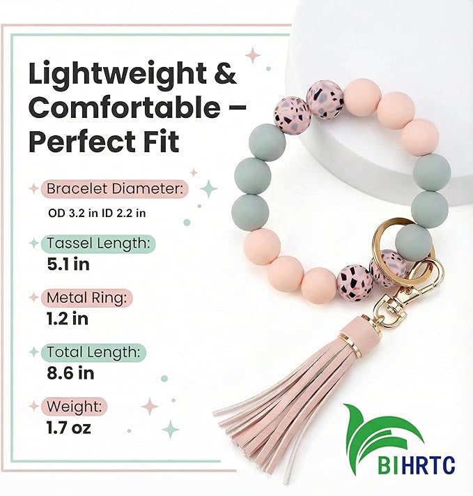 BIHRTC Key Ring Bracelet Car Keychain Holder Wristlet Silicone Women Beaded Bangle Chains