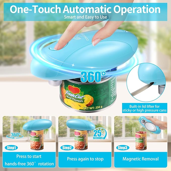 Rechargeable Can Opener Electric for Seniors, One-Touch Design (Blue) | Smooth Edge Cutting, USB-C Charging, Angled Blade, Magnetic Lid Catch, ABS Body, Easy Operation, Hands-Free