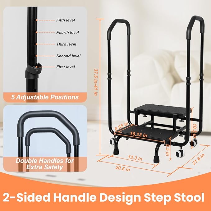 Step Stool with Handle for Elderly Adjustable Dual Handles, 4 Lockable Wheels, Non-Slip Platform Bed Steps for High Beds for Adults, Suitable for Bathtubs and Kitchens, Also Functions as a Foot Stool