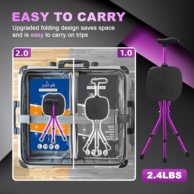 BigAlex Alloy Folding Cane with Seat, Lightweight Adjustable Walking Cane with Seat, Cane Seat with LED for Seniors, Cane Chair for Woman/Man,Anti-Slip Walking Stick for Seniors