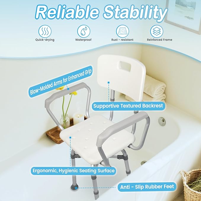 360° Swivel Shower Chair for Inside Tub, Shower Chair for Elderly and Disabled, 300lbs Heavy Duty Shower Seat with Adjustable Arms and Back, Bath Stool for Adults Senior Fits Bathroom Bathtub