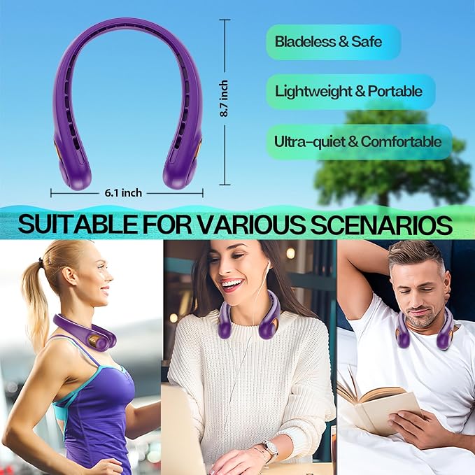 KIDEE Portable Neck Fan, 4000mAh Rechargeable, 360° Airflow, Hands Free Bladeless Wearable Fan, 2 Pack, Purple