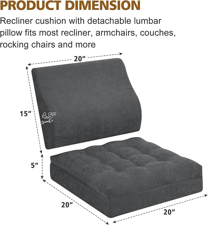 Recliner Cushion for Elderly with Lumbar Support Pillow - 20x20x5 Inch Extra Thick Recliner Seat Cushion for Seniors Relief Back Pain and Tailbone Pain from Long Sitting Non-Slip Bottom