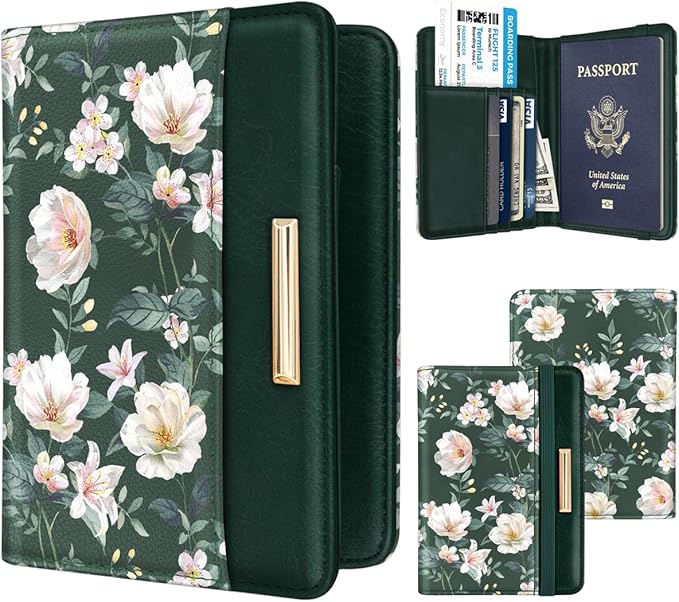 Coco Rossi Passport Holder Cover, RFID Travel Wallet Women Card Holder | Travel Essentials, Passport Book Holders, Passport Cover Case, PU Leather, Cute, Thin, Spliced Design, Green Flower