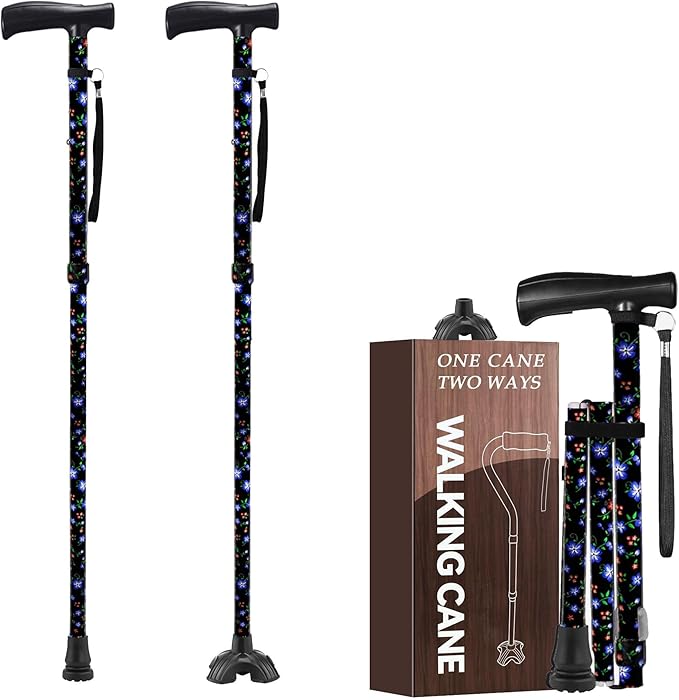Floral Canes for Women Folding Cane for Stability with Non-Slip Base, Adjustable Walking Cane for Seniors - Lightweight Collapsible Walking Sticks with T & Offset Handle