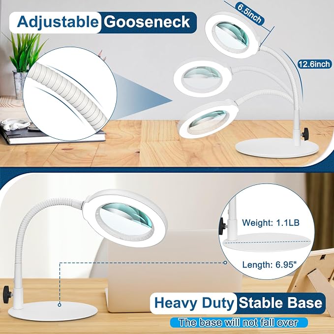 IVMAIE 12X Magnifying Glass with Light, Real Glass Lens, 5 Color Modes Dimmable, Flexible Gooseneck Lighted Magnifier with Stand, LED Desk Lamp Hands Free for Crafts Painting Reading Close Work, White