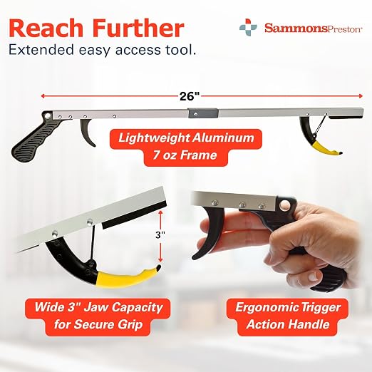 Sammons Preston Reacher, Folding, 26", Grabber Reacher Tool, Lightweight Trash Picker Grabber & Garden Nabber, Handy Aluminum Picker Up Tool & Reaching Claw, Portable Reaching Assist & Dressing Tool