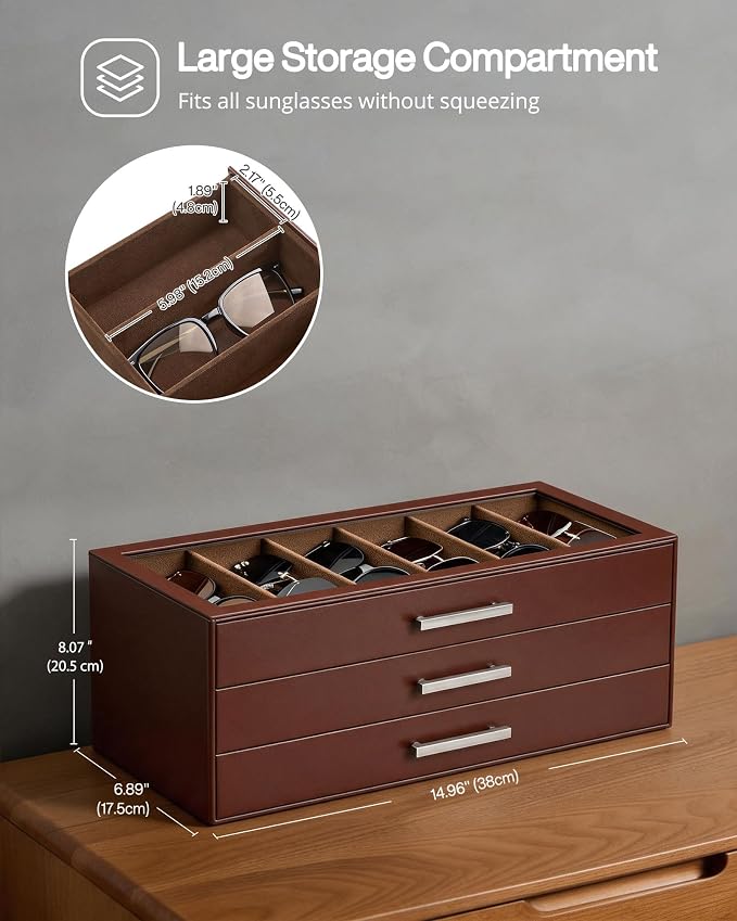 ProCase Sunglasses Organizer Box with Clear Glass Lid, PU Leather Eyeglass Storage Display Case for Men and Women