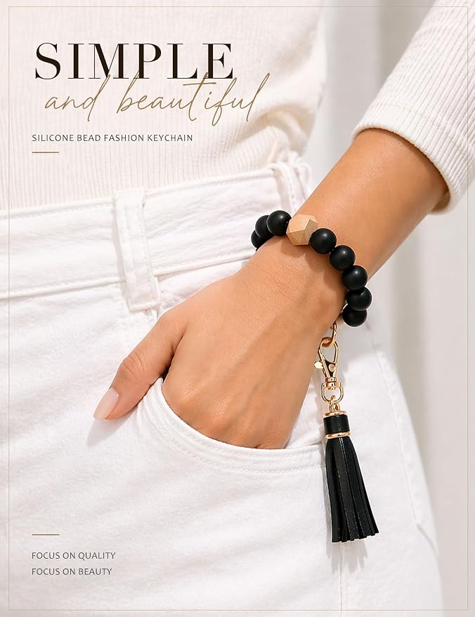 BAOSIWA Silicone Beaded Bracelet Keychain Wristlet Key Ring Bangle Chains for Women with Leather Tassel