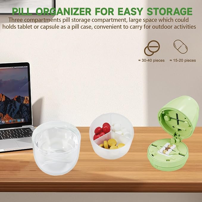 Pill Cutter with Water Cup, 1/4 Pill Splitter for Small and Large Pills Precision Quarter Cutter Splitter with Dispenser, 3-Compartment Storage | Stainless Steel Blade (Green)