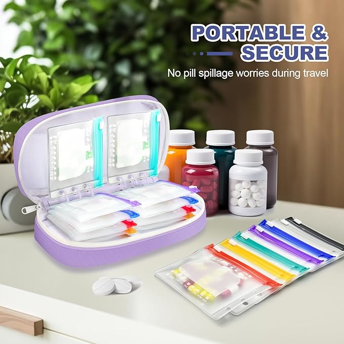 Weekly Pill Organizer 2 Times a Day – Timueetech A6 Waterproof 14 Pouch Bags for Travel, BPA-Free Medication Storage with Labels & Self-Sealing for Vitamins & Supplements, Purple