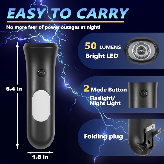 ROSSEX 4 in 1 Emergency Lights for Home Power Failure, 6 Pcs Rechargeable LED Flashlight Plug in Wall, Automatic Turn-On Power Outage Night Light Flashlight for Hurricane Preparedness Items, Black