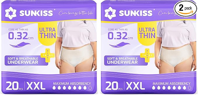 SUNKISS Ultra Thin Incontinence Underwear for Women, High Absorbency & Super Soft Postpartum Diapers, Disposable Adult Pull Ups, XXLarge, 20 Count (Pack of 2)