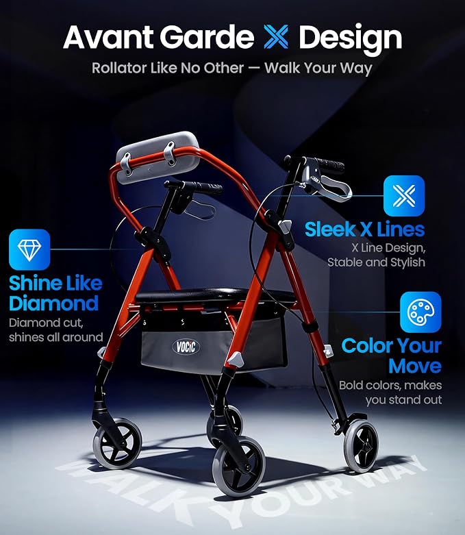 VOCIC Z11 Rollator Walker for Seniors with Seat, 380 LBS | Lightweight Design with Ergo Seat & Backrest, Height Adjustable & Easily Foldable for Seniors' Mobility, Blue