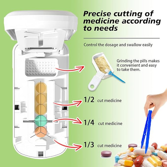 Pill Cutter - 1/2,1/3 &1/4 Pill Splitter with Storage Bag and Tweezers,for Small Tiny Large Pills | Hidden Blade & Sealed Storage | Adjustable & Cuts Multiple Tablets | Includes Cleaning Brush