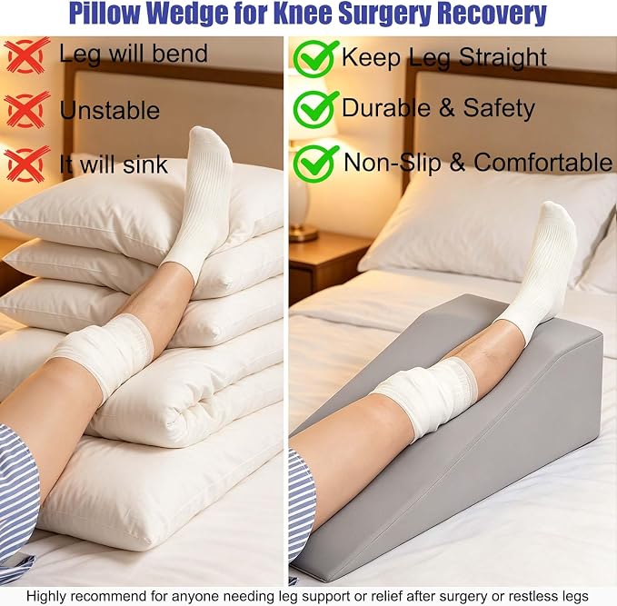 Leg Elevation Pillows for After Surgery, 7.8Inch Height Foam Leg Wedge Knee Surgery Recovery Equipment, Knee Replacement Recovery Aids for Ankle Pain Relief, Single Leg Support Wedge