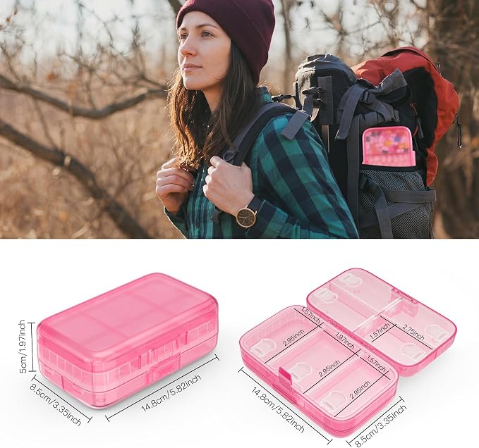 FYY Weekly Pill Organizer with Labels,8 Compartments Travel Daily Pill Case Airtight Moistureproof Large Pill Box to Hold Vitamins, Fish Oil, Supplements,Cotton Swab and Bandages-Hot Pink