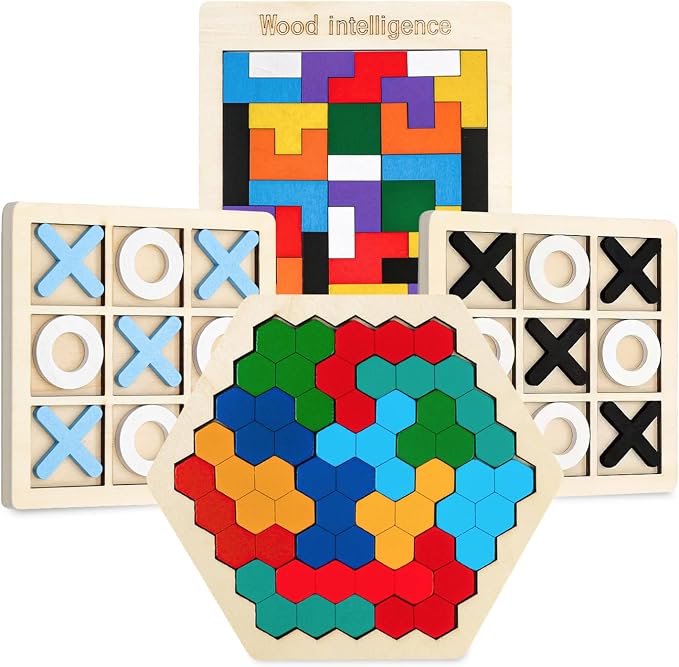 Wooden Puzzles,Geometric Shape Logic Hexagon Puzzle Toys Brain Teasers STEM Montessori Educatioanl IQ Board Games Easter Basket Stuffers Gift for Kids Boys Girls Ages 3+ (4 Pack)