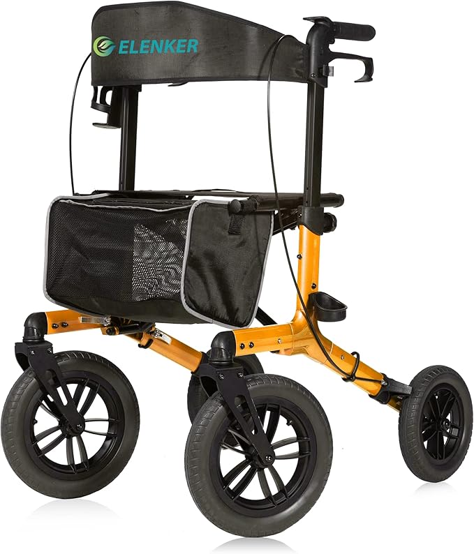 ELENKER All-Terrain Rollator Walker with Non-Pneumatic Tire 12” Front Rubber Wheels, Compact Folding Design for Seniors (Orange)