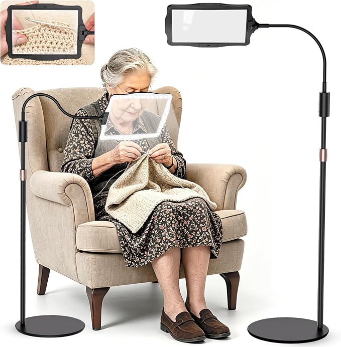 Hands Free Floor Magnifying Glass, with Light and Stand, 48-LEDs Rechargeable Floor Magnifying, Suitable for Reading, Sewing, Crafts, DIY, Embroidery, Close Work. Magnifiers for Seniors