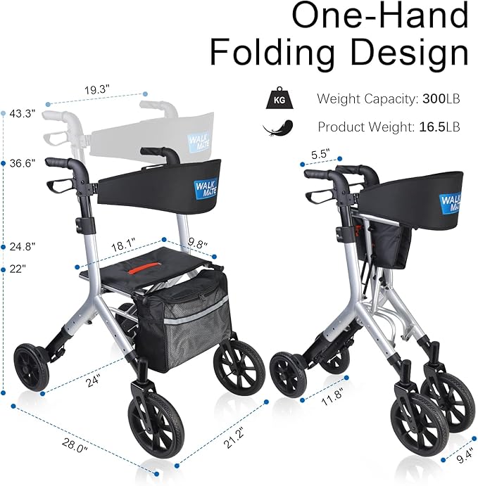 WALK MATE Rollator Walker for Seniors Taller 5.3~7ft with Height-Adjustable Seat, 10 Inch Wheels Wire-Hidden Walkers Compact Folding Design Lightweight Mobility Walking Aid Widen Backrest, Silver