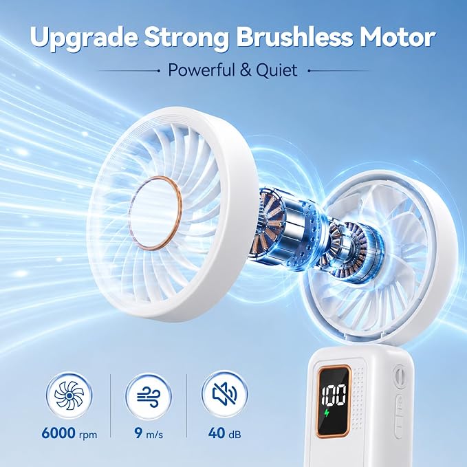 Handheld Fan, 5 Speed & 14H Cooling Time Portable Fan, 6000mAh USB Rechargeable Mini Fan with LED Display, Powerful but Quiet, Foldable Desk Fan, Lanyard for Neck Fan, Personal Fan for Travel/Office
