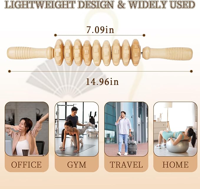 Liitrton Manual Wooden Massage Roller Stick for Legs, Smooth Body Roller | Straight-9-Wheel Massager, Wood Therapy Massage Tools for Trigger Points Relief, Sore Muscle Recovery