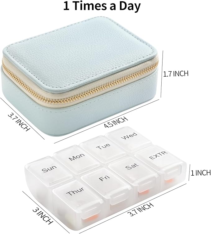 Genuine Leather Travel Pill Organizer Box Case 1 Times a Day for Purse for Women, Cute Medicine Pill Holder Containers for Vitamin Small Weekly Daily 7 Day Am Pm Pill Organizer(Burgundy Red)